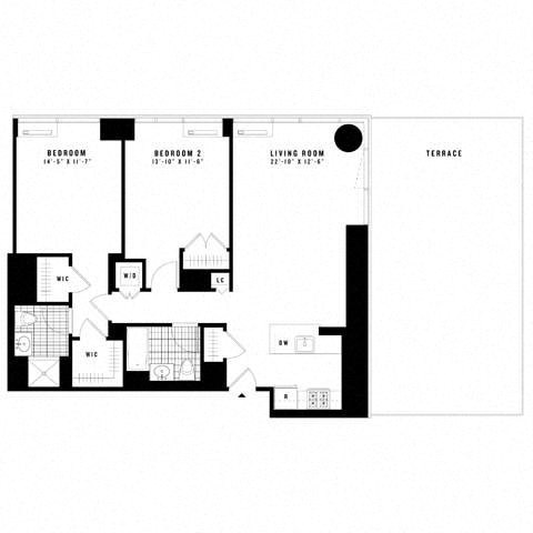 Floor plan for 2 beds, 2 baths, 1196 sqft