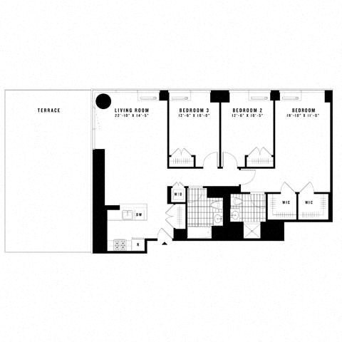 Floor plan for 3 beds, 2 baths, 1410 sqft