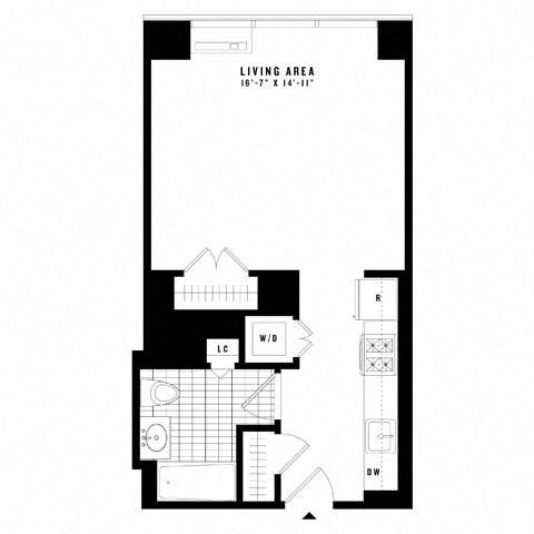 Floor plan for studio, 1 bath, 505 sqft