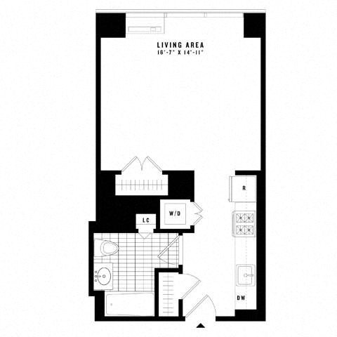 Floor plan for studio, 1 bath, 505 sqft