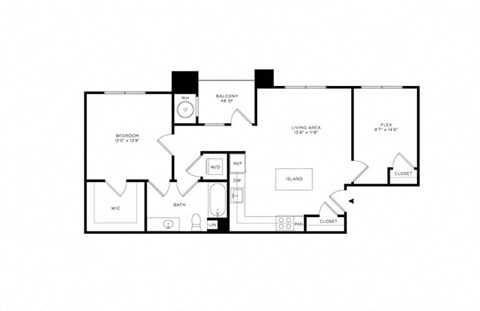 Floor plan for 1 bed, 1 bath, 876 sqft