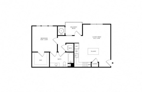 Floor plan for 1 bed, 1 bath, 749 sqft