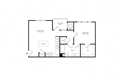 Floor plan for 1 bed, 1 bath, 749 sqft