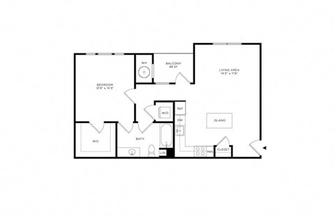Floor plan for 1 bed, 1 bath, 809 sqft