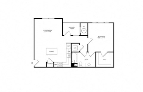 Floor plan for 1 bed, 1 bath, 809 sqft