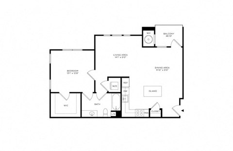 Floor plan for 1 bed, 1 bath, 880 sqft