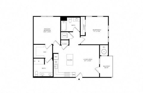 Floor plan for 2 beds, 2 baths, 1023 sqft