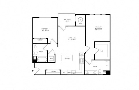 Floor plan for 2 beds, 2 baths, 1080 sqft