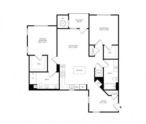 Floor plan for 2 beds, 2 baths, 1243 sqft