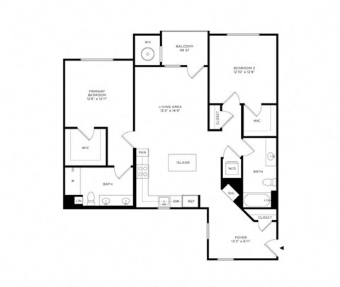 Floor plan for 2 beds, 2 baths, 1250 sqft