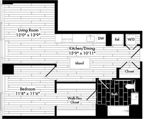 Floor plan for 1 bed, 1 bath, 720 sqft