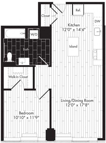 Floor plan for 1 bed, 1 bath, 739 sqft