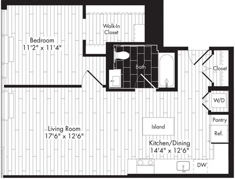 Floor plan for 1 bed, 1 bath, 763 sqft
