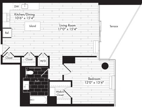 Floor plan for 1 bed, 1 bath, 836 sqft