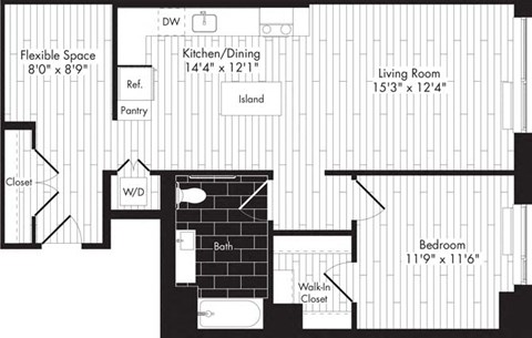 Floor plan for 1 bed, 1 bath, 879 sqft