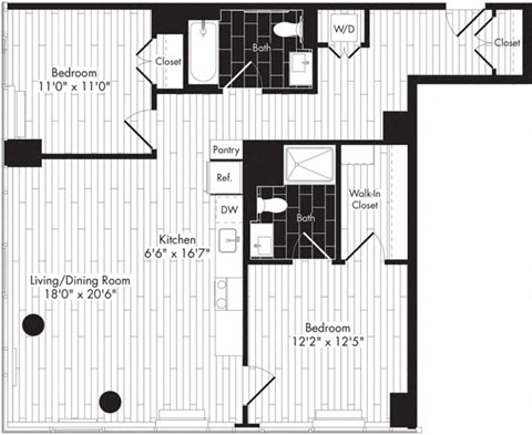 Floor plan for 2 beds, 2 baths, 1084 sqft