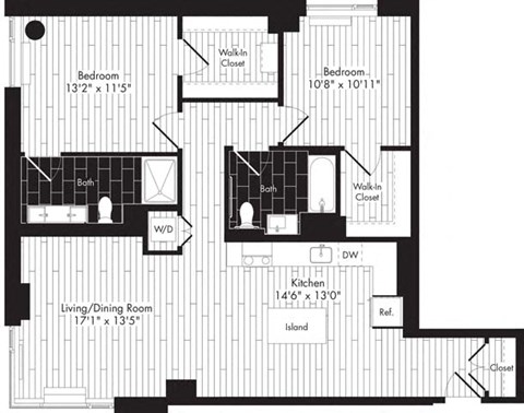 Floor plan for 2 beds, 2 baths, 1158 sqft