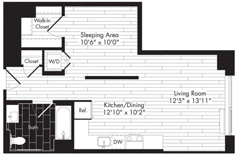 Floor plan for studio, 1 bath, 610 sqft