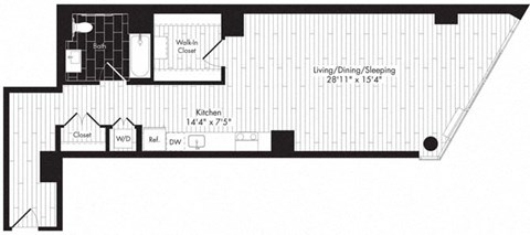 Floor plan for studio, 1 bath, 853 sqft