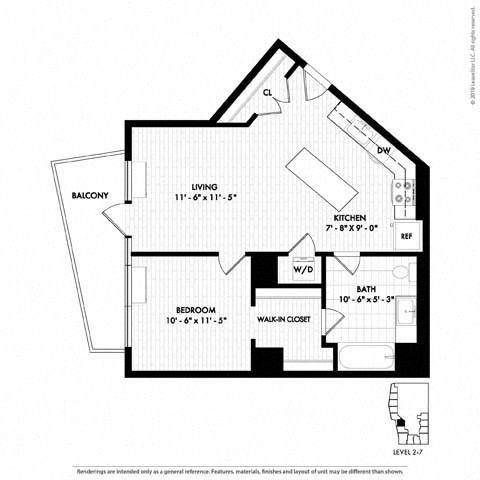 Floor plan for 1 bed, 1 bath, 699 sqft