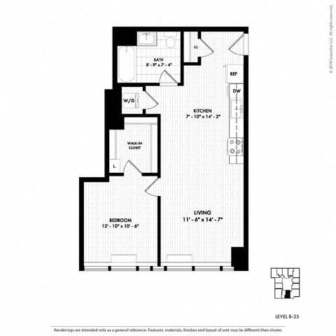 Floor plan for 1 bed, 1 bath, 703 sqft
