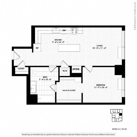 Floor plan for 1 bed, 1 bath, 708 sqft