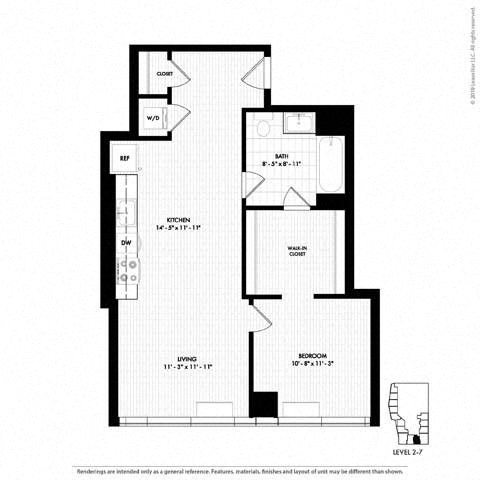 Floor plan for 1 bed, 1 bath, 722 sqft