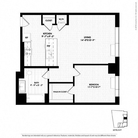 Floor plan for 1 bed, 1 bath, 732 sqft