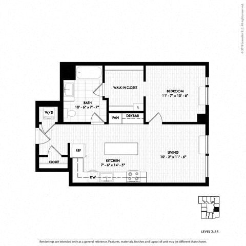 Floor plan for 1 bed, 1 bath, 733 sqft