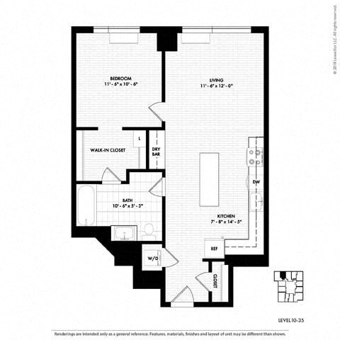 Floor plan for 1 bed, 1 bath, 734 sqft