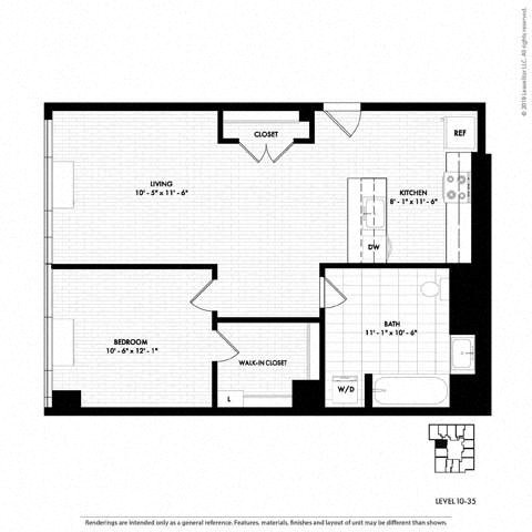 Floor plan for 1 bed, 1 bath, 759 sqft