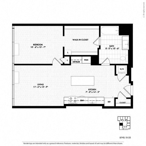 Floor plan for 1 bed, 1 bath, 769 sqft