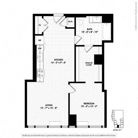 Floor plan for 1 bed, 1 bath, 787 sqft