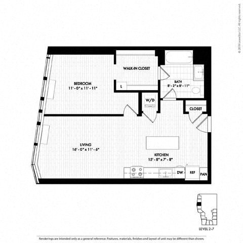 Floor plan for 1 bed, 1 bath, 790 sqft