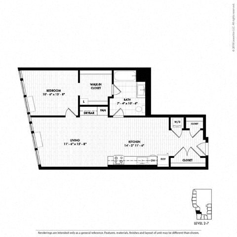 Floor plan for 1 bed, 1 bath, 815 sqft