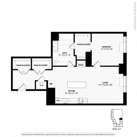 Floor plan for 1 bed, 1 bath, 841 sqft