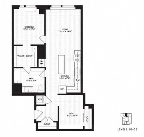 Floor plan for 1 bed, 1 bath, 965 sqft