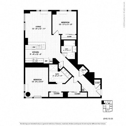 Floor plan for 2 beds, 2 baths, 1179 sqft