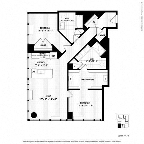 Floor plan for 2 beds, 2 baths, 1210 sqft