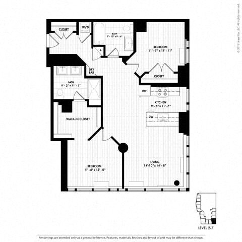 Floor plan for 2 beds, 2 baths, 1299 sqft