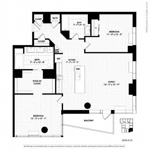 Floor plan for 2 beds, 2 baths, 1368 sqft
