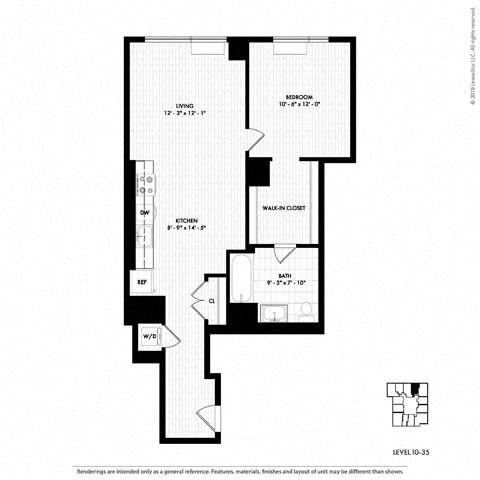 Floor plan for 1 bed, 1 bath, 757 sqft