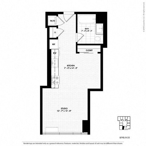 Floor plan for studio, 1 bath, 528 sqft