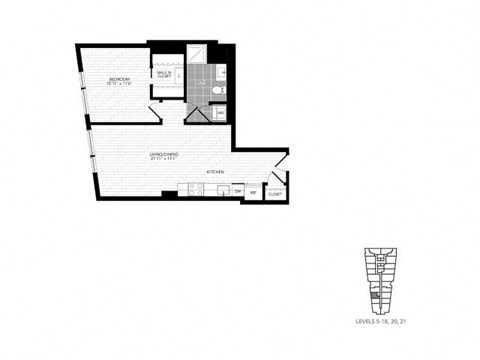 Floor plan for 1 bed, 1 bath, 615 sqft