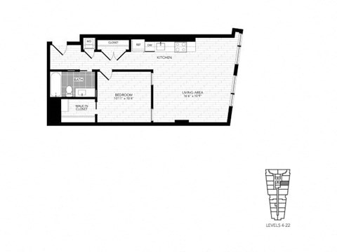 Floor plan for 1 bed, 1 bath, 670 sqft