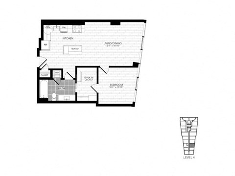 Floor plan for 1 bed, 1 bath, 690 sqft