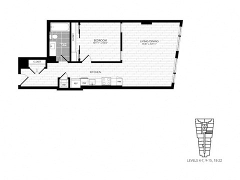 Floor plan for 1 bed, 1 bath, 705 sqft