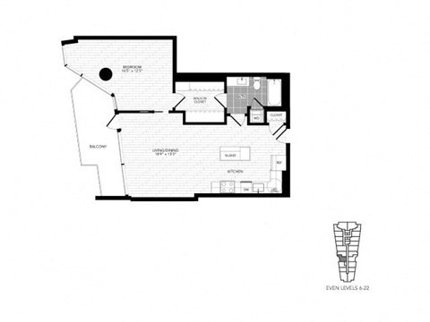 Floor plan for 1 bed, 1 bath, 730 sqft