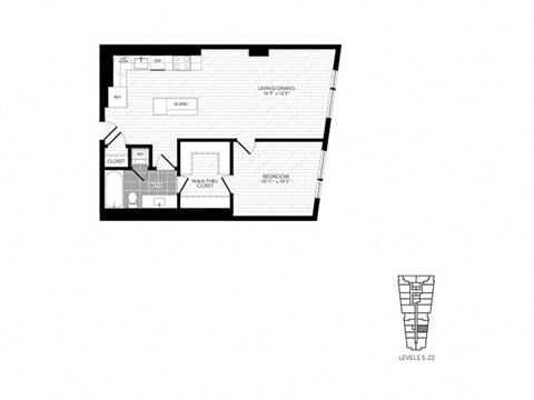 Floor plan for 1 bed, 1 bath, 750 sqft