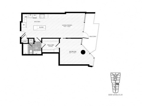 Floor plan for 1 bed, 1 bath, 755 sqft